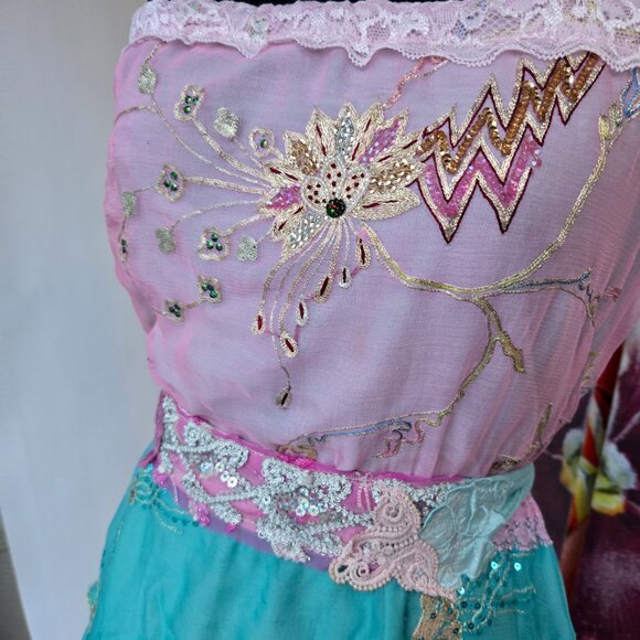 Handmade Tube Top Embroidered Sequins Flowers Vintage Romantic Blouse - Picture 11 of 13